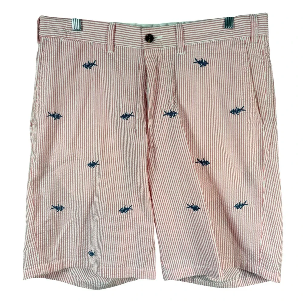 Castaway Nantuckit Seersucker‎ Shorts Mens 34 Red Stripe Fish Bone Embroidered